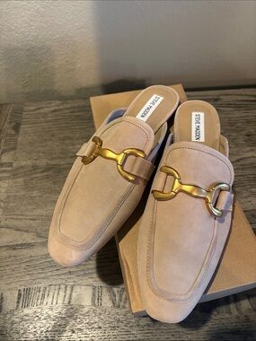 Steve Madden Women’s Taupe Suede Slip-On Loafers with Gold Bit